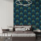 Dark emerald palm fronds arranged in elegant damask style repeat on black background - view 9 - final