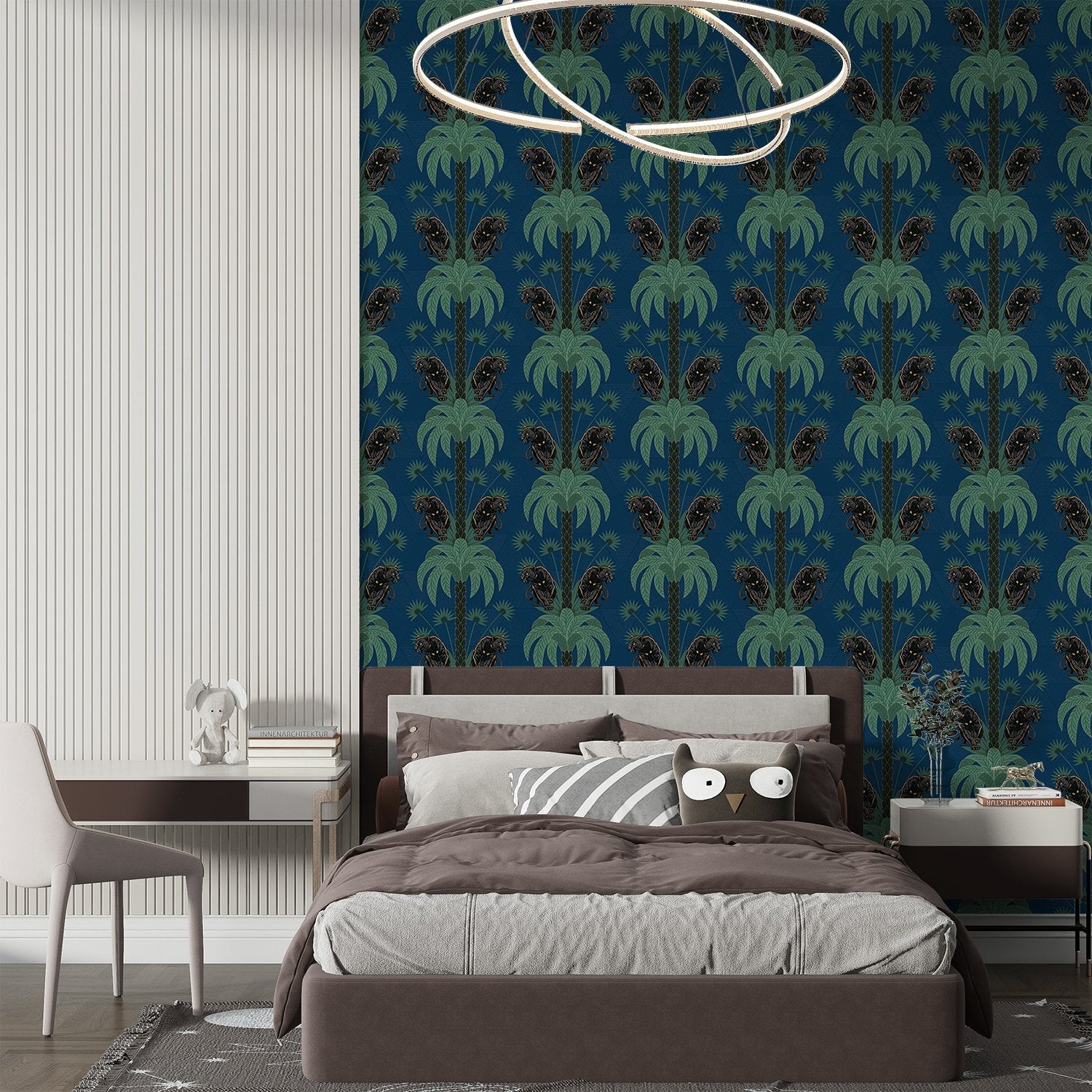 Dark emerald palm fronds arranged in elegant damask style repeat on black background - view 9 - final
