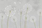 Stylized white dandelion flowers with spherical seedheads against deep emerald green background - view 15 - mural-inequal - final