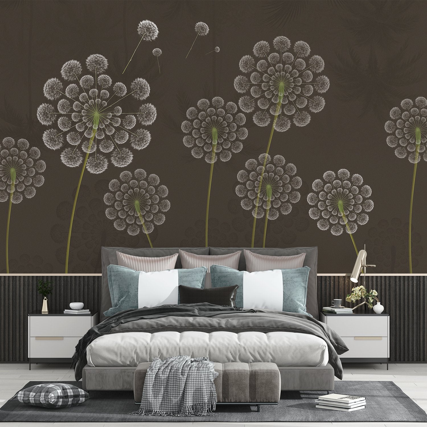 Stylized white dandelion flowers with spherical seedheads against deep emerald green background - view 17 - final