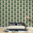 Repeating emerald green palm trees with golden tigers create luxurious tropical damask pattern - view 23 - final