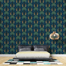Repeating emerald green palm trees with golden tigers create luxurious tropical damask pattern - view 8 - final