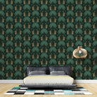 Repeating emerald green palm trees with golden tigers create luxurious tropical damask pattern - final bed-roomm