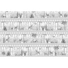 Repeating rows of safari animals and palm trees in gray architectural frames with tropical accents - view 9 - final mural-equal