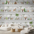Repeating rows of safari animals and palm trees in gray architectural frames with tropical accents - final living-room