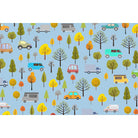 Whimsical cartoon cars and seasonal trees scattered on mint green background in repeating pattern - view 13 - mural-equal - final