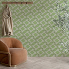 Blush pink geometric diamond lattice with delicate floral sprigs on modern interior wall - view 13 - final