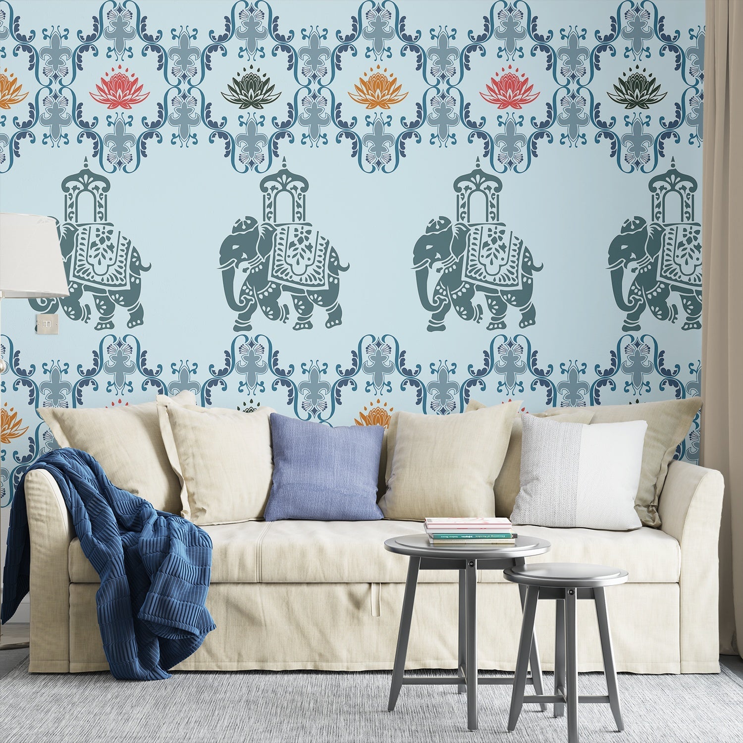 Pink elephants and lotus flowers in ornate gold frames create traditional Indian pattern - view 7 - final