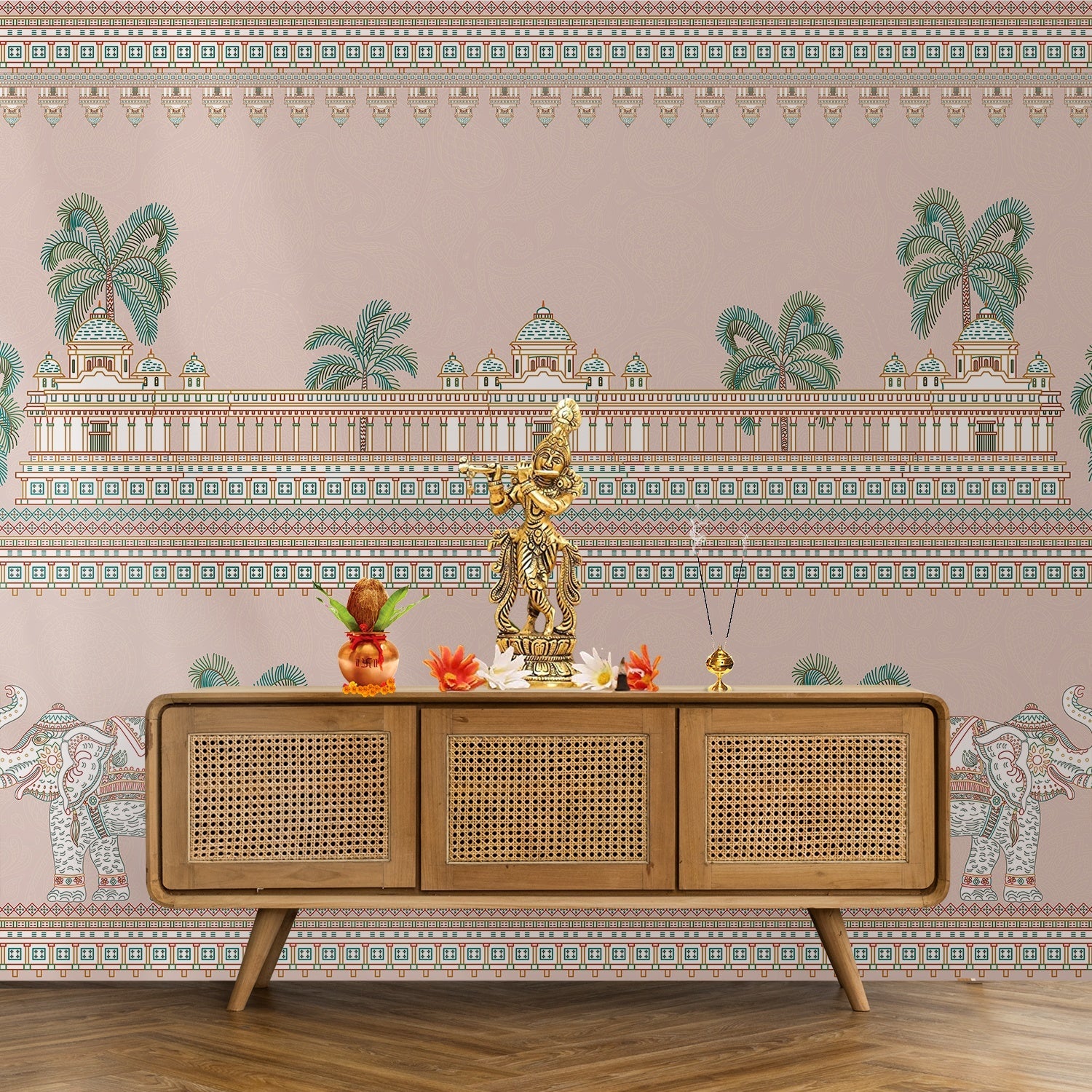 Ornate Mughal palace architecture with palm trees and decorative elephants in soft turquoise tones - view 11 - final