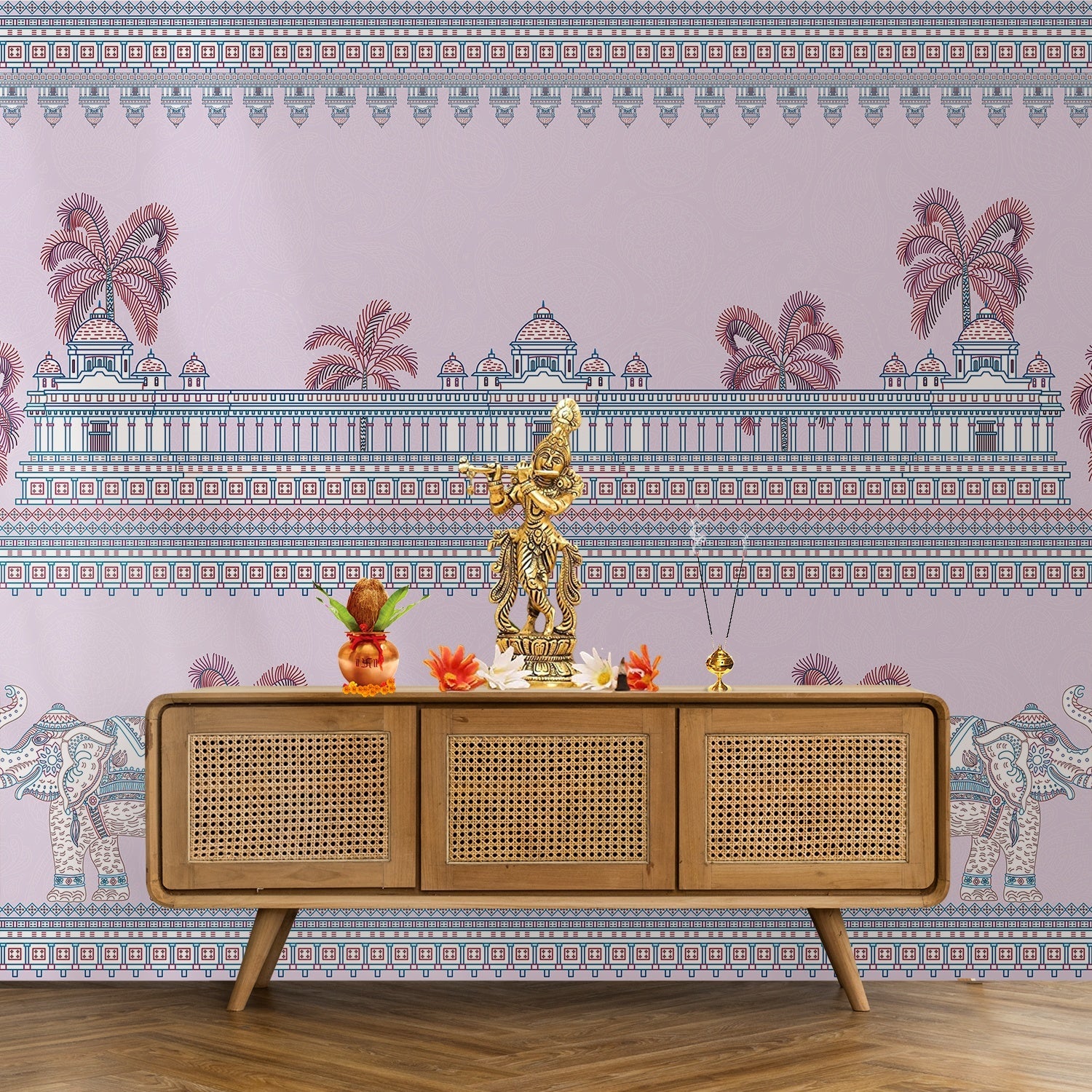 Ornate Mughal palace architecture with palm trees and decorative elephants in soft turquoise tones - view 15 - final