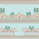 Ornate Mughal palace architecture with palm trees and decorative elephants in soft turquoise tones - view 2 - final