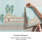 Ornate Mughal palace architecture with palm trees and decorative elephants in soft turquoise tones - view 3 - final