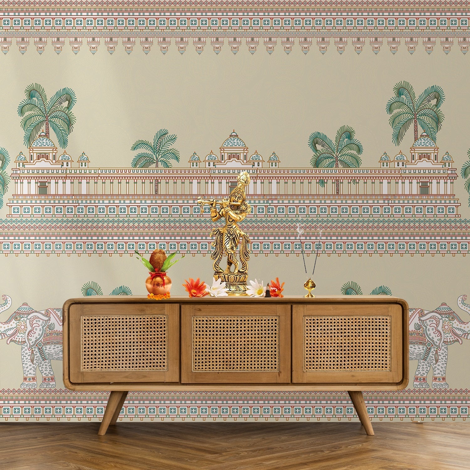 Ornate Mughal palace architecture with palm trees and decorative elephants in soft turquoise tones - view 7 - final