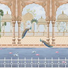 Ornate Mughal palace architecture with peacocks and swans beside serene lake with palms - view 16 - final