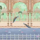 Ornate Mughal palace architecture with peacocks and swans beside serene lake with palms - view 8 - final