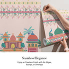 Pink and coral Mughal palace architecture with peacocks and floral border pattern design - view 3 - final
