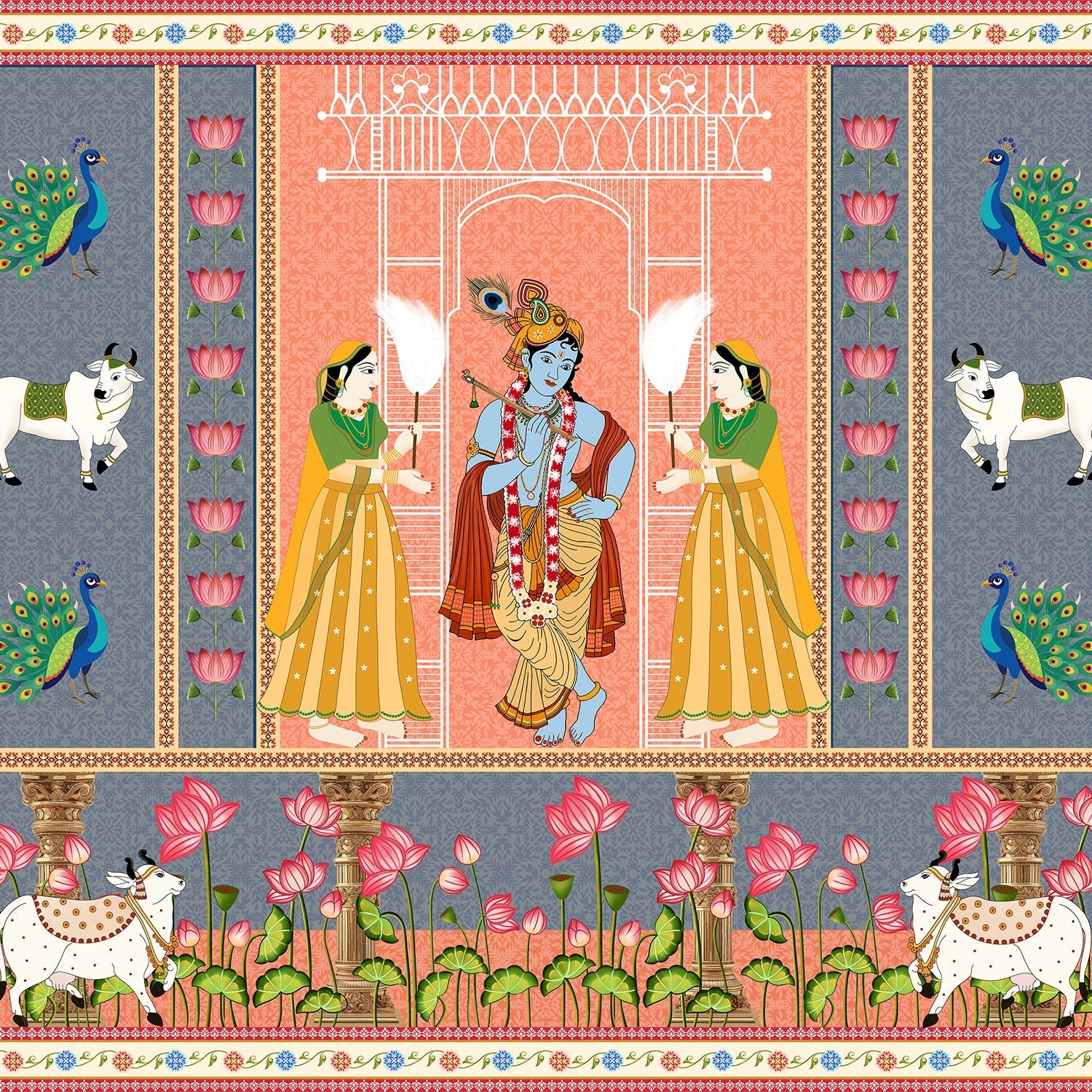 Traditional Pichwai artwork featuring peacocks, sacred cows and lotus flowers in coral backdrop - view 2 - final