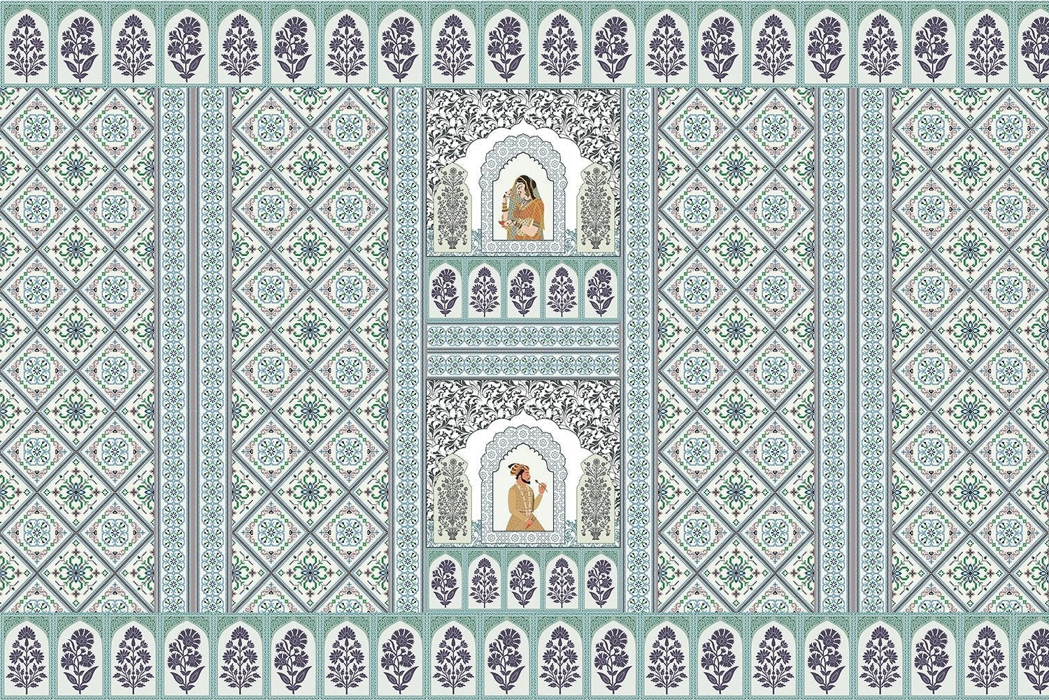 "Vintage mughal courtyard scene in lea - mughal wallpaper mural-inequal final"