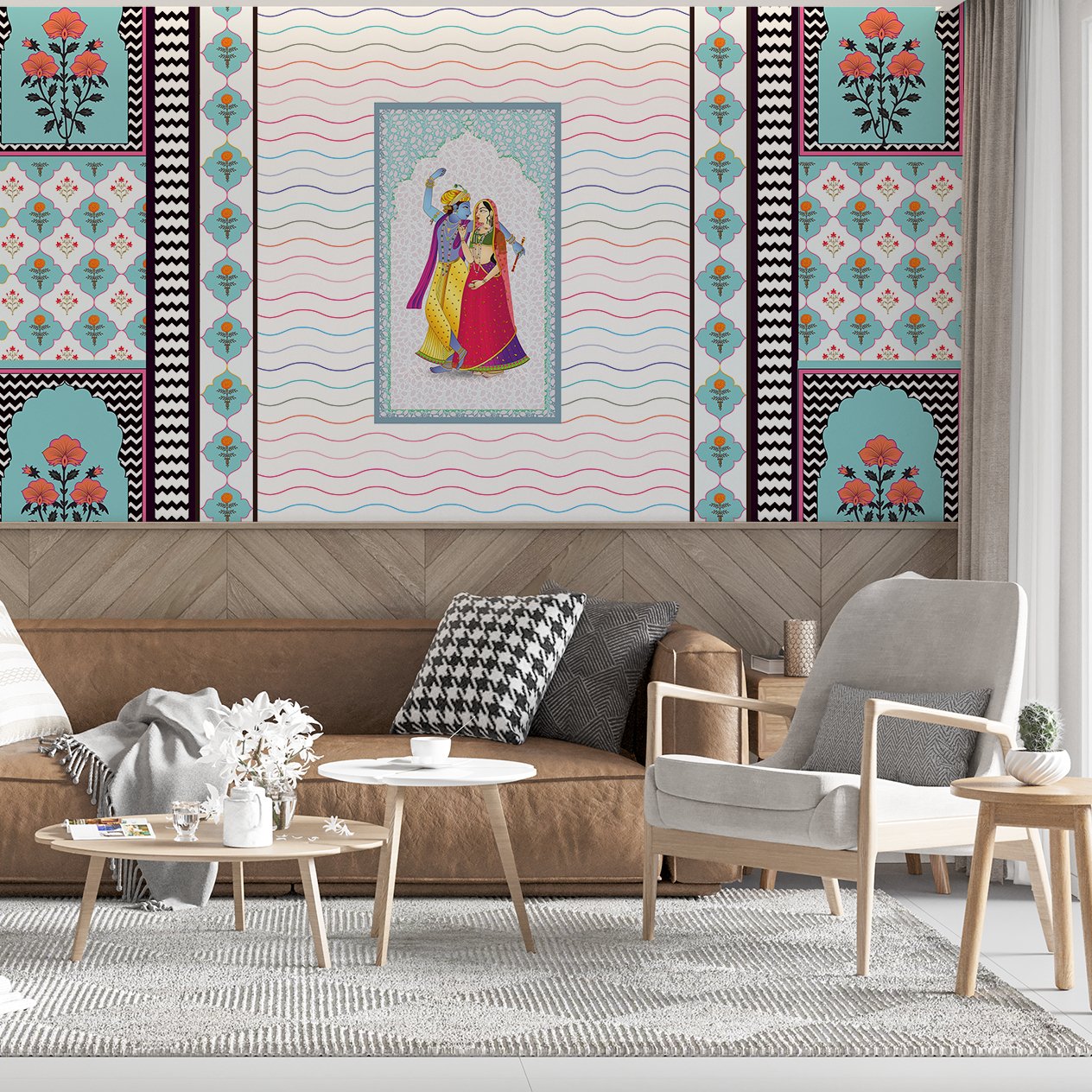 Traditional Indian artwork with decorative waves and geometric borders featuring cultural dance illustration - view 10 - final