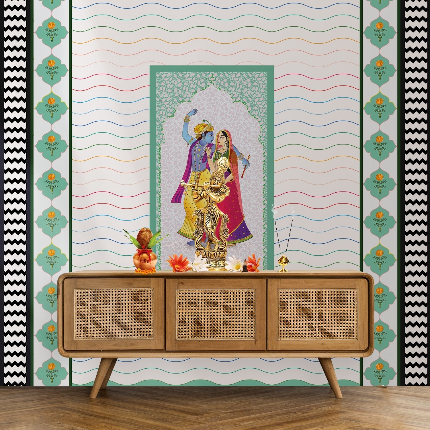 Traditional Indian artwork with decorative waves and geometric borders featuring cultural dance illustration - view 13 - final
