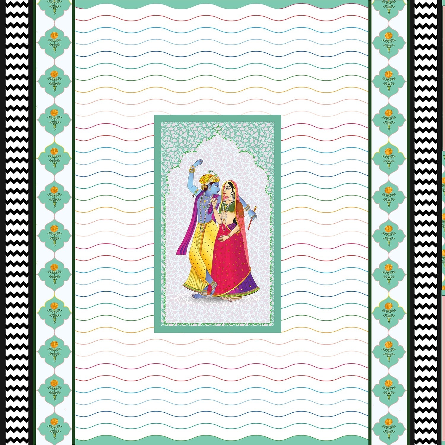Traditional Indian artwork with decorative waves and geometric borders featuring cultural dance illustration - view 14 - final
