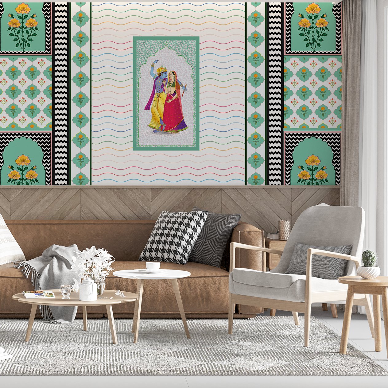 Traditional Indian artwork with decorative waves and geometric borders featuring cultural dance illustration - view 15 - final