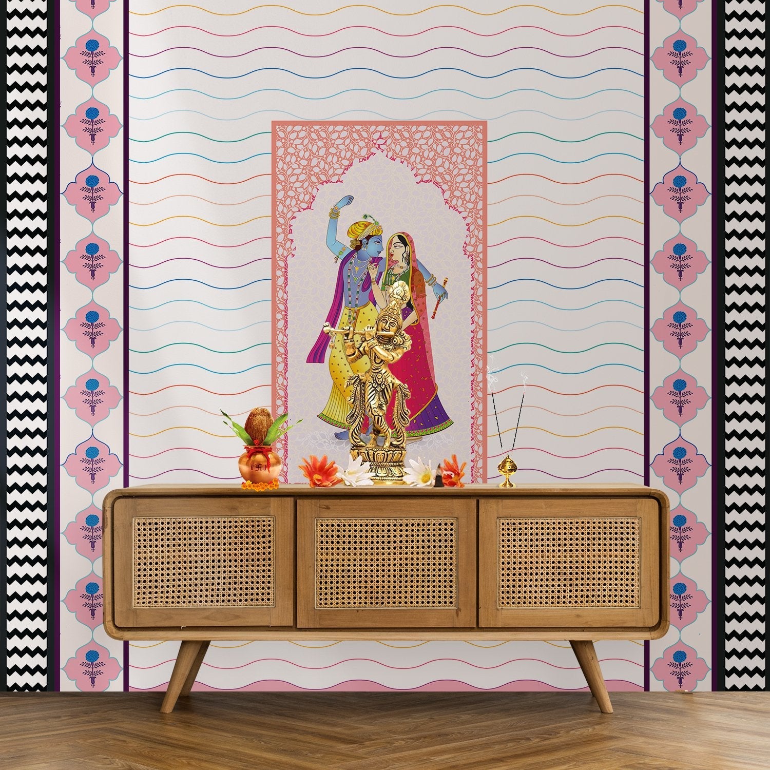 Traditional Indian artwork with decorative waves and geometric borders featuring cultural dance illustration - view 18 - final