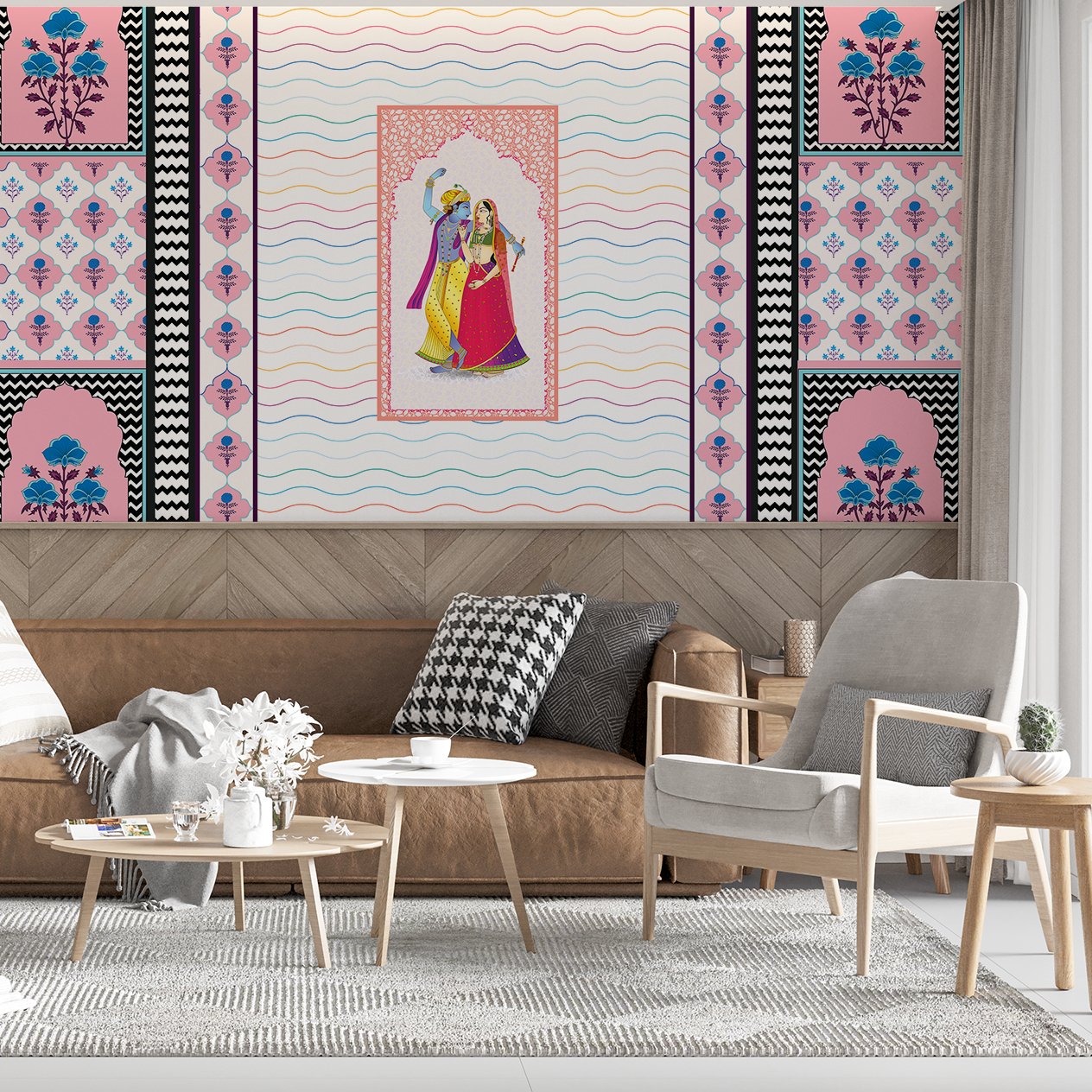 Traditional Indian artwork with decorative waves and geometric borders featuring cultural dance illustration - view 20 - final