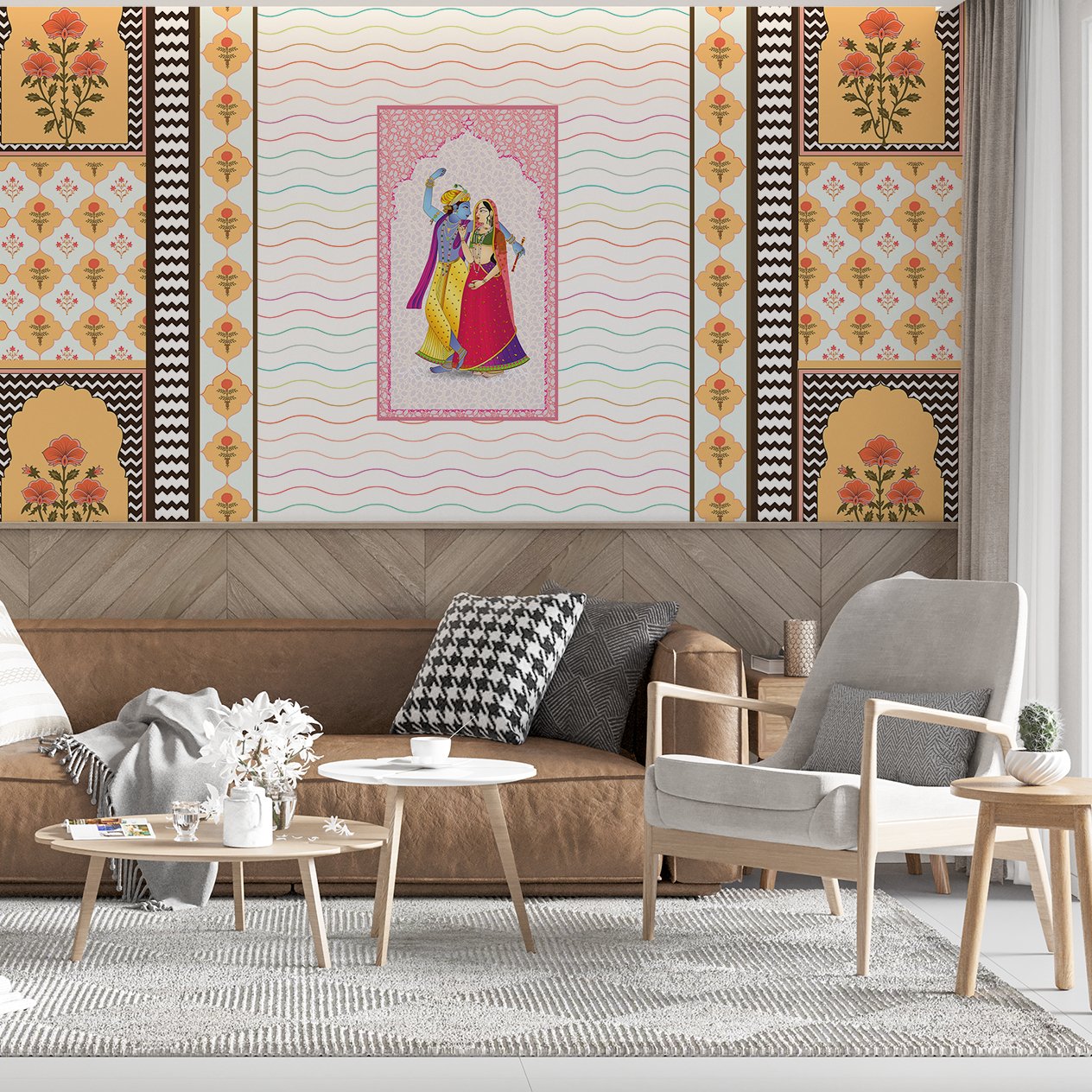 Traditional Indian artwork with decorative waves and geometric borders featuring cultural dance illustration - view 3 - final living-room