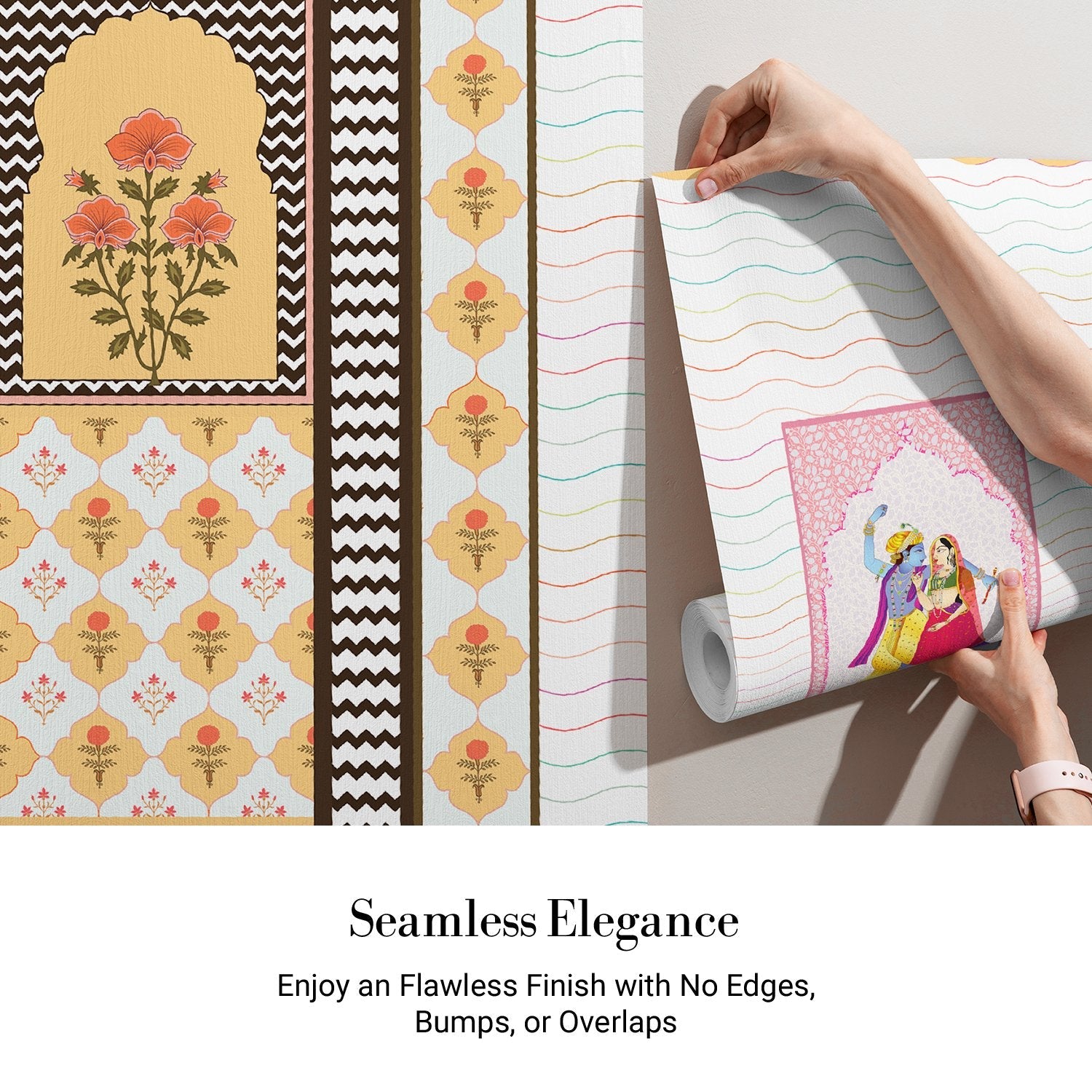Traditional Indian artwork with decorative waves and geometric borders featuring cultural dance illustration - view 4 - final