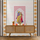 Traditional Indian artwork with decorative waves and geometric borders featuring cultural dance illustration - final pooja-room
