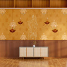Green traditional wall art with lotus flowers, Om symbols and hanging diyas in gold - view 10 - final