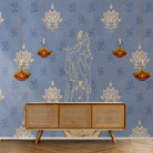 Green traditional wall art with lotus flowers, Om symbols and hanging diyas in gold - view 23 - final