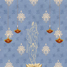 Green traditional wall art with lotus flowers, Om symbols and hanging diyas in gold - view 24 - final