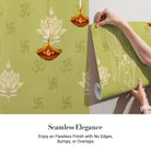 Green traditional wall art with lotus flowers, Om symbols and hanging diyas in gold - view 4 - final