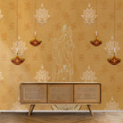 Green traditional wall art with lotus flowers, Om symbols and hanging diyas in gold - view 8 - final