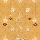 Green traditional wall art with lotus flowers, Om symbols and hanging diyas in gold - view 9 - final