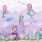 Whimsical mermaids swimming with sea creatures in pastel purple underwater coral landscape - view 2 - final