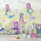 Whimsical mermaids swimming with sea creatures in pastel purple underwater coral landscape - view 7 - final