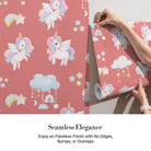 Whimsical flying unicorns with pastel manes scattered among clouds and stars on pink background - view 3 - final