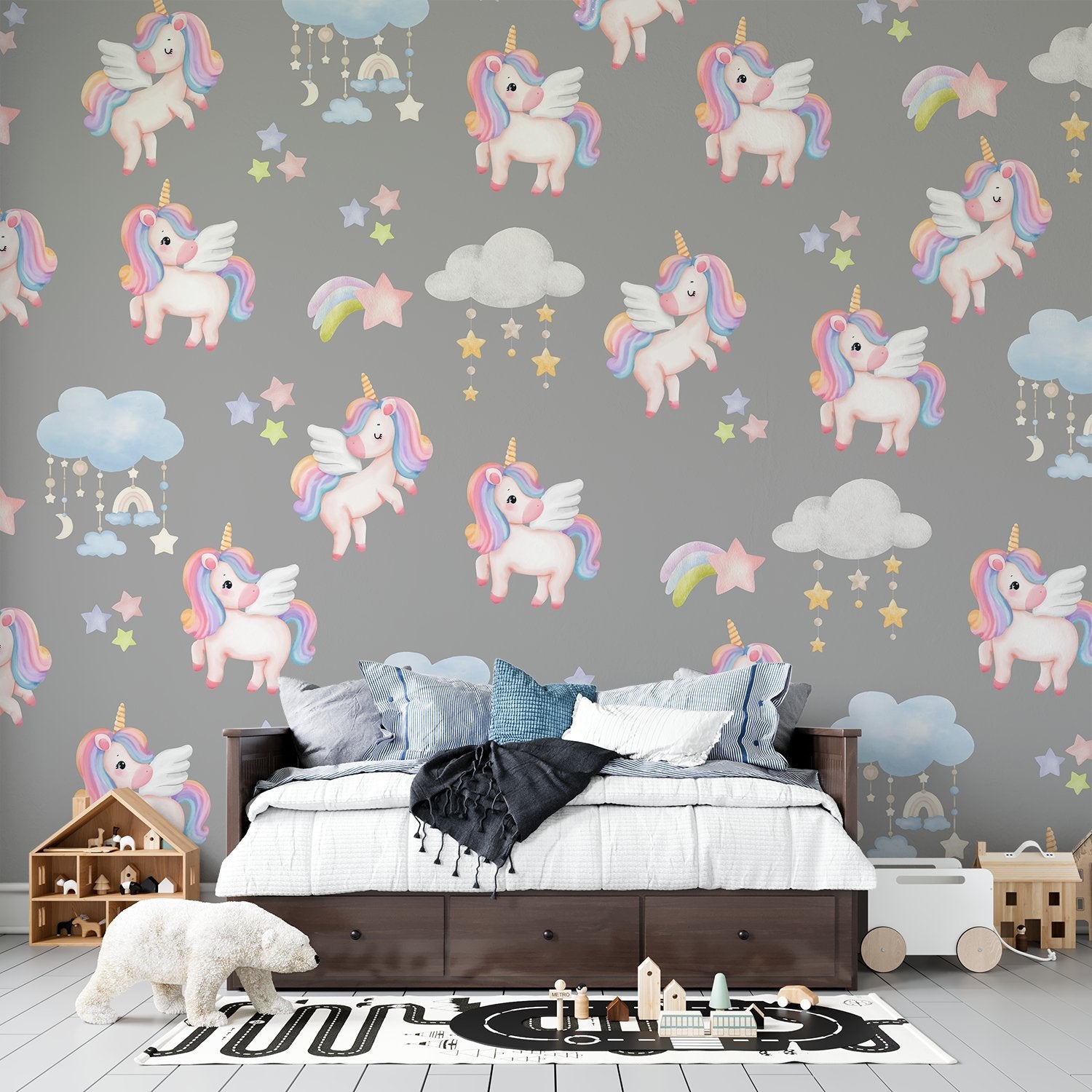 Whimsical flying unicorns with pastel manes scattered among clouds and stars on pink background - view 7 - final