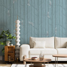 Serene woodland scene with silver birch trees on sage green background, modern Scandinavian style - final living-room