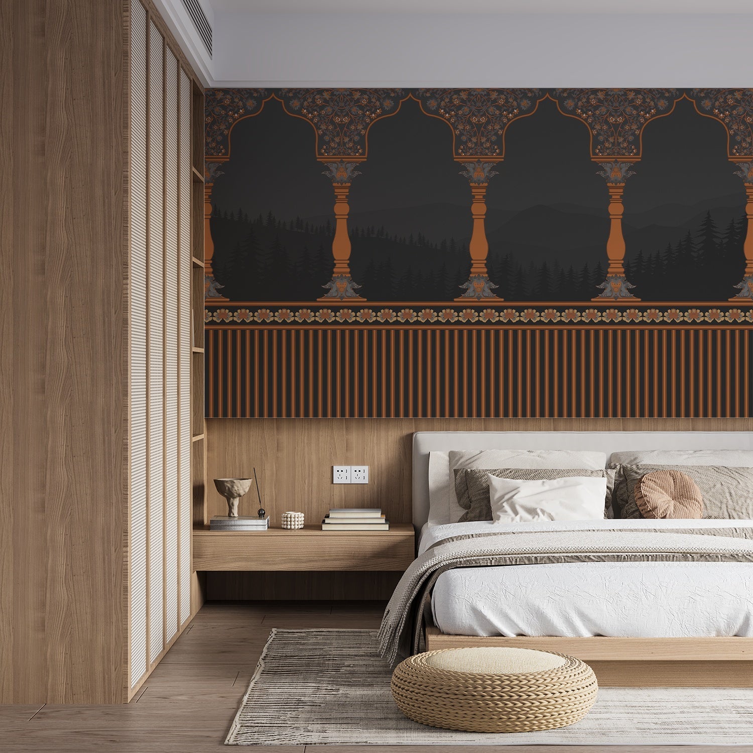 Ornate arched colonnade with forest silhouettes in emerald green and gold architectural details - view 11 - final bed-room