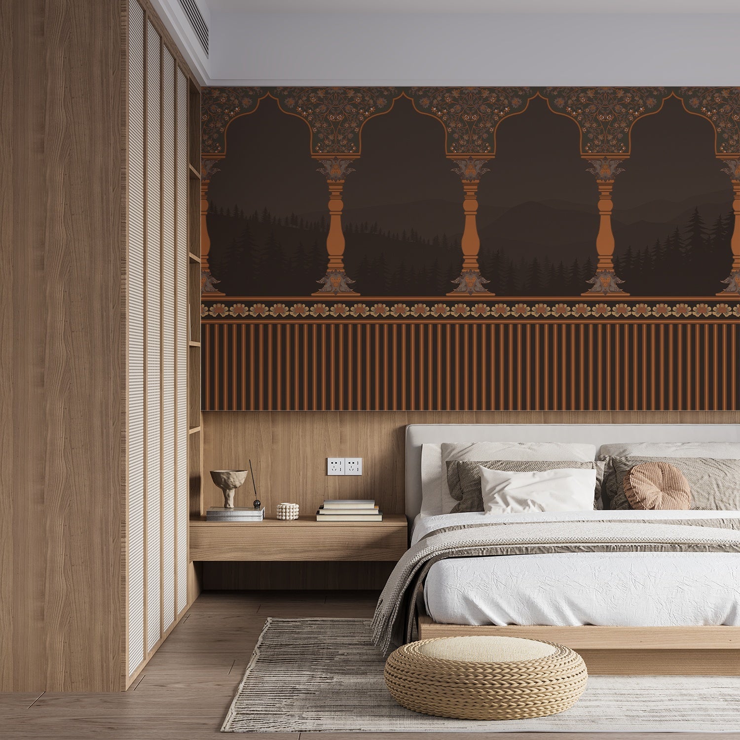 Ornate arched colonnade with forest silhouettes in emerald green and gold architectural details - view 15 - final bed-room