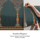Ornate arched colonnade with forest silhouettes in emerald green and gold architectural details - view 3 - final