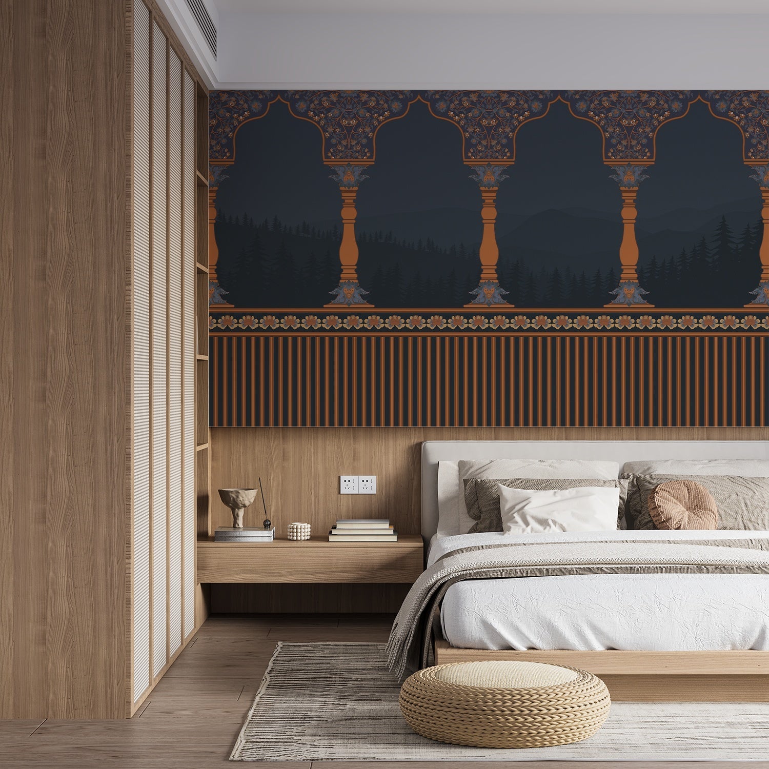 Ornate arched colonnade with forest silhouettes in emerald green and gold architectural details - view 7 - final bed-room