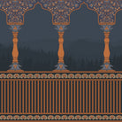 Ornate arched colonnade with forest silhouettes in emerald green and gold architectural details - view 8 - final