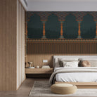 Ornate arched colonnade with forest silhouettes in emerald green and gold architectural details - final bed-room
