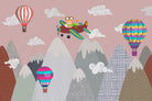 "Whimsical cat flying among clouds lea - kids wallpaper mural-inequal final"