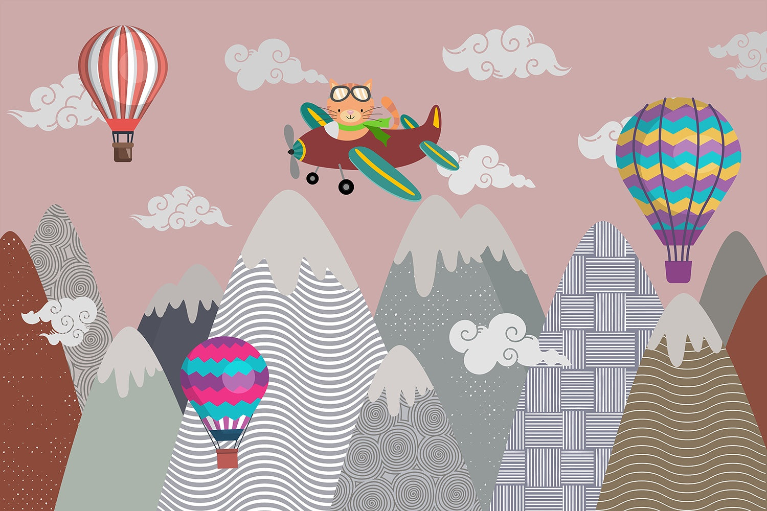 "Whimsical cat flying among clouds lea - kids wallpaper mural-inequal final"